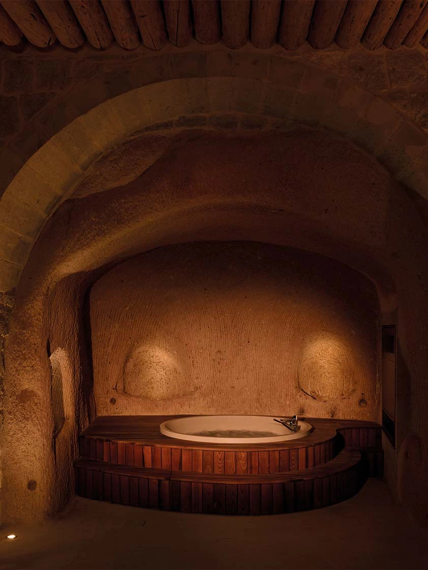 Jacuzzi Suite stone-walled interior at Argos in Cappadocia