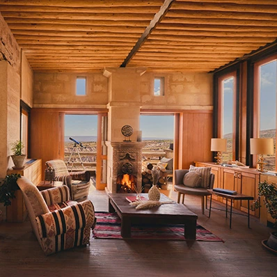 Seki Lounge stone fireplace lounge at Argos in Cappadocia