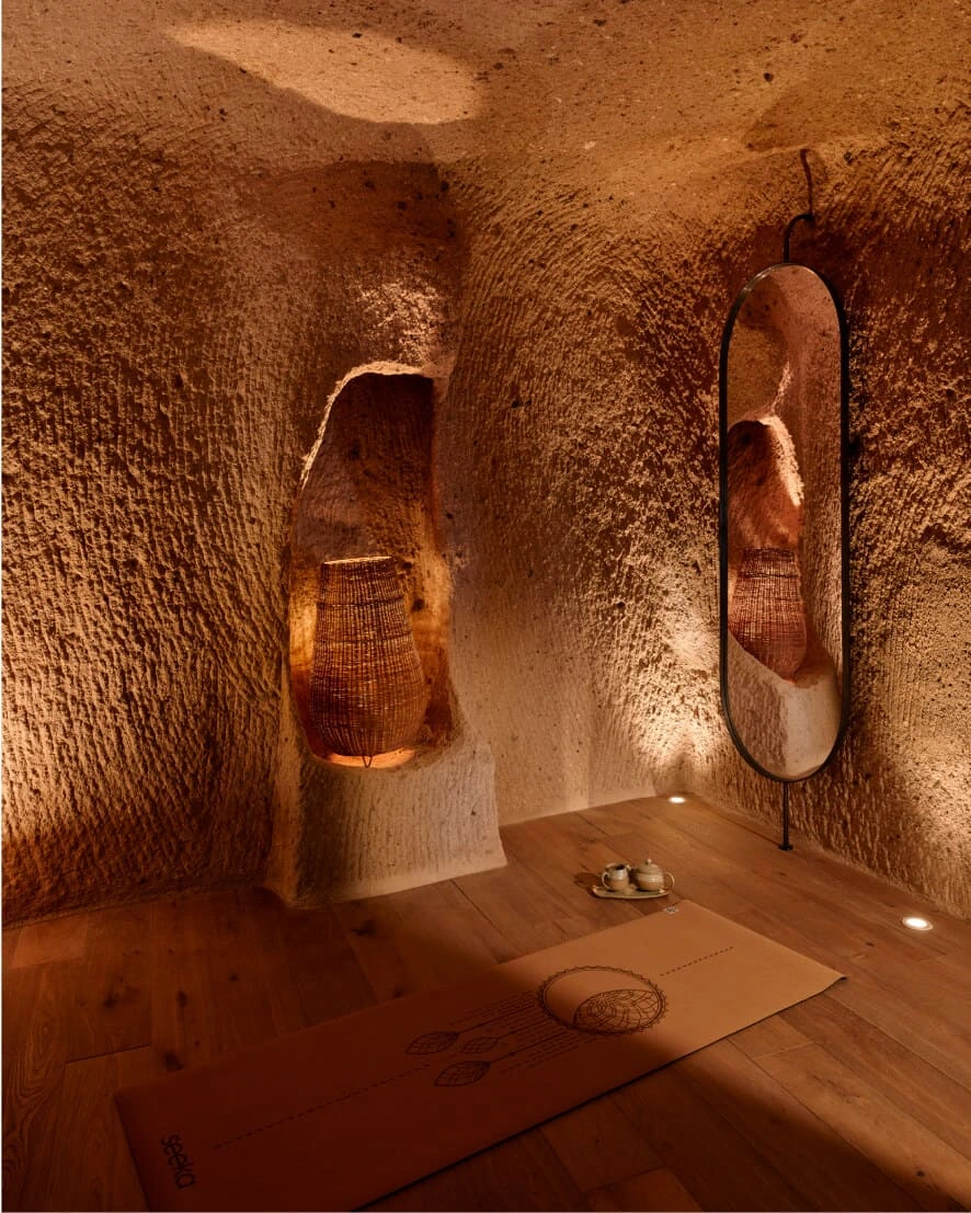 Stone-arched fitness equipment at Argos Gym, Argos in Cappadocia