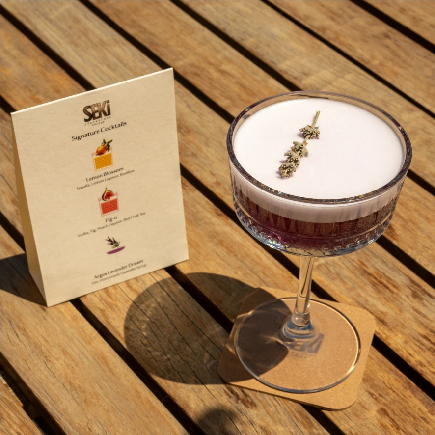 Cosy seating and drink detail at Seki Lounge, Argos in Cappadocia