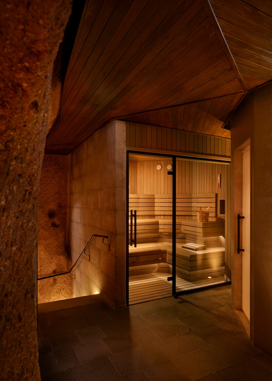Dimly lit stone wellness space at Argos in Cappadocia