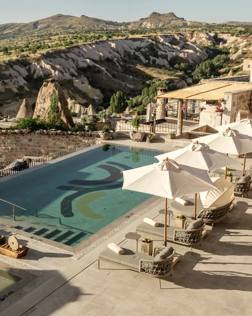 Outdoor pool terrace with Cappadocia view at Argos in Cappadocia
