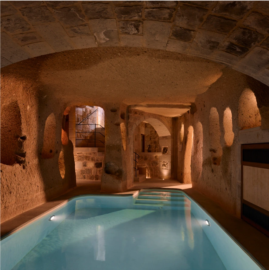Argos Spa stone-arched indoor pool at Argos in Cappadocia