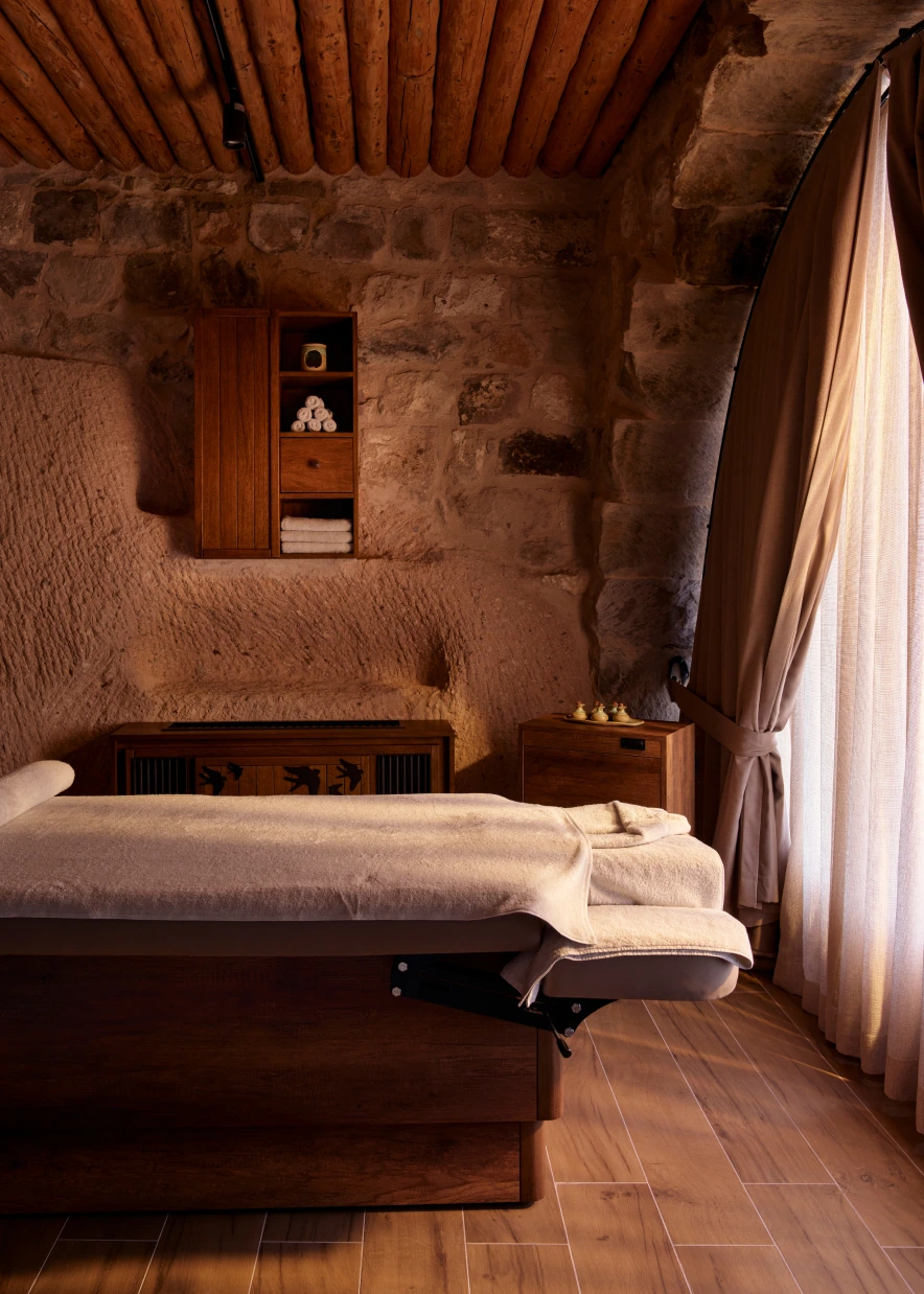 Bright stone pool area at Argos Spa, Argos in Cappadocia