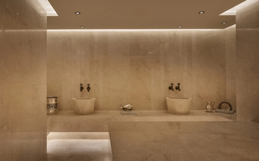 Minimal stone vanity and bath area at Argos Spa, Argos in Cappadocia