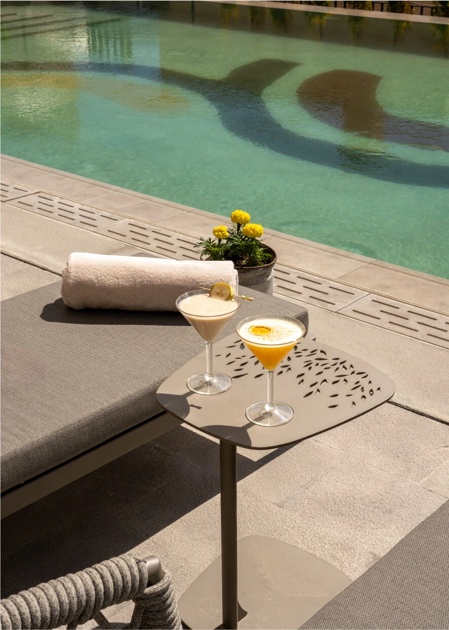 Poolside drink and lounger detail at Argos in Cappadocia