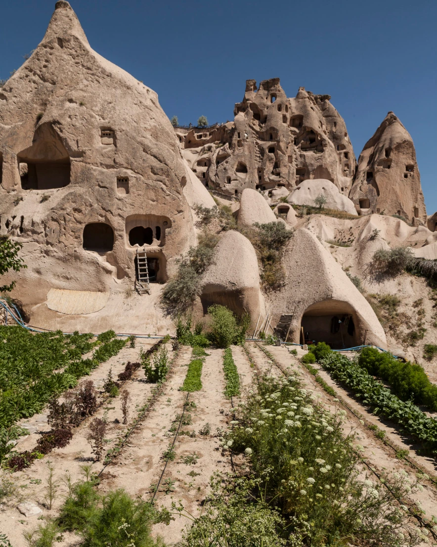 Restored stone and cave architecture at Argos in Cappadocia