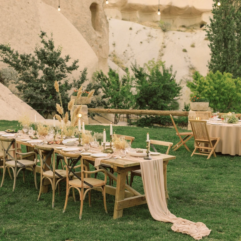 Fairy chimneys and stone hotel view at Argos in Cappadocia