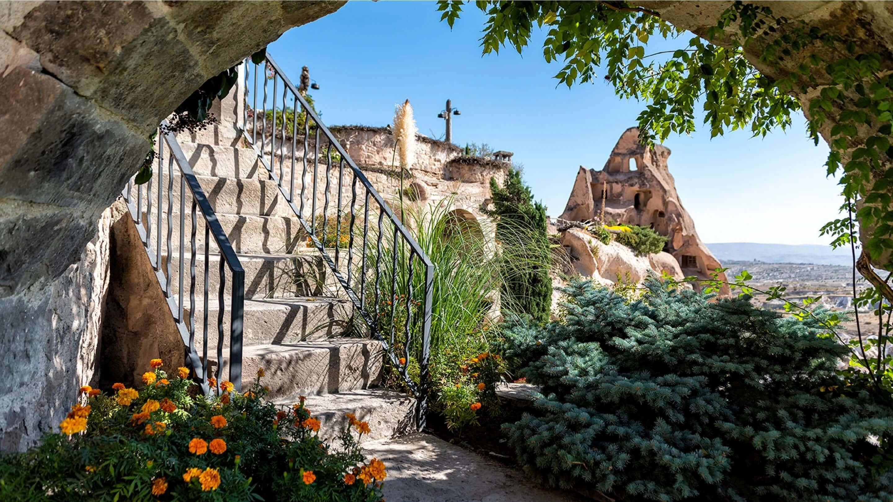Stone terrace opening to the Uçhisar valley at Argos in Cappadocia