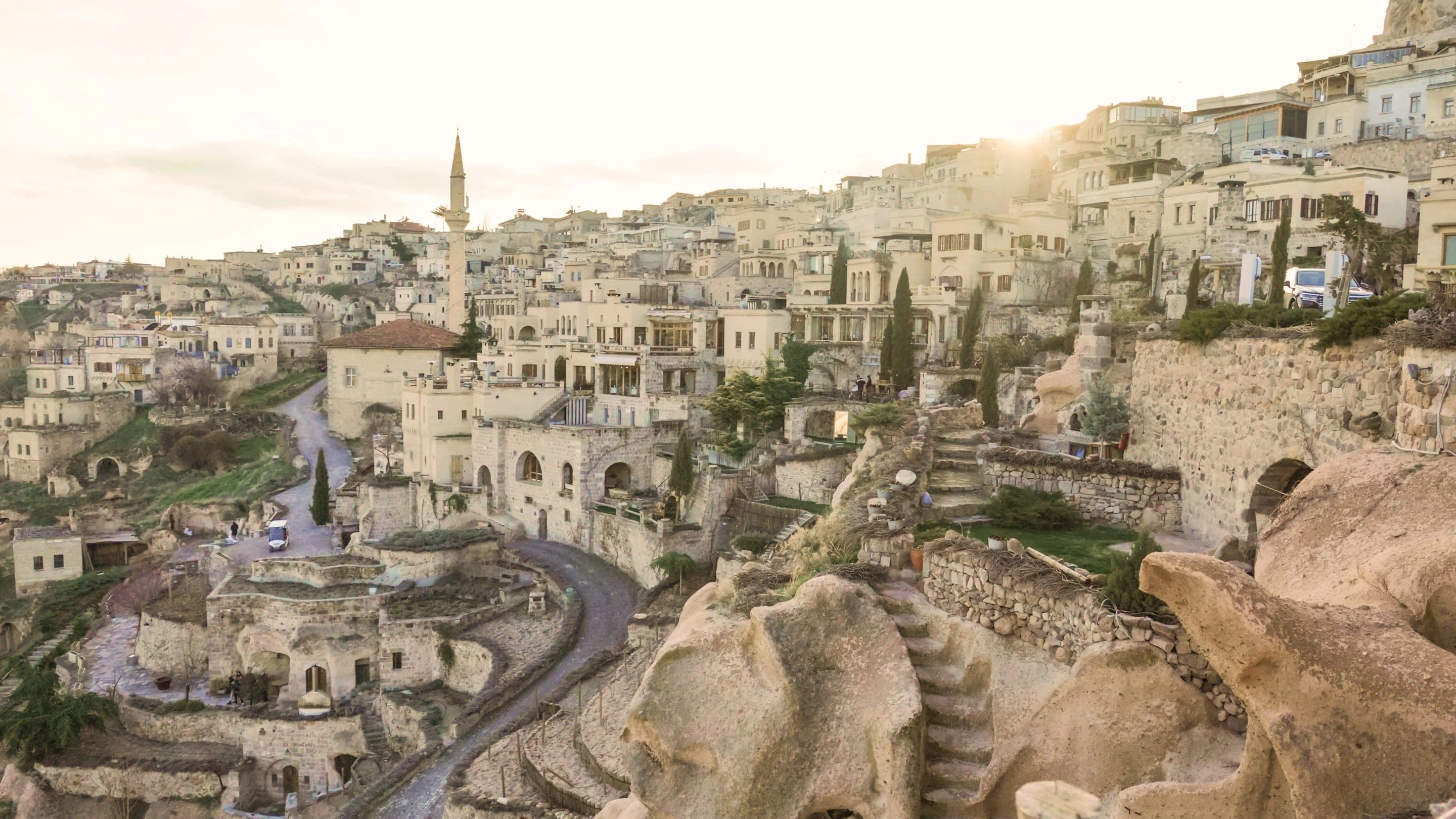 Stone courtyard with Cappadocia view at Argos in Cappadocia