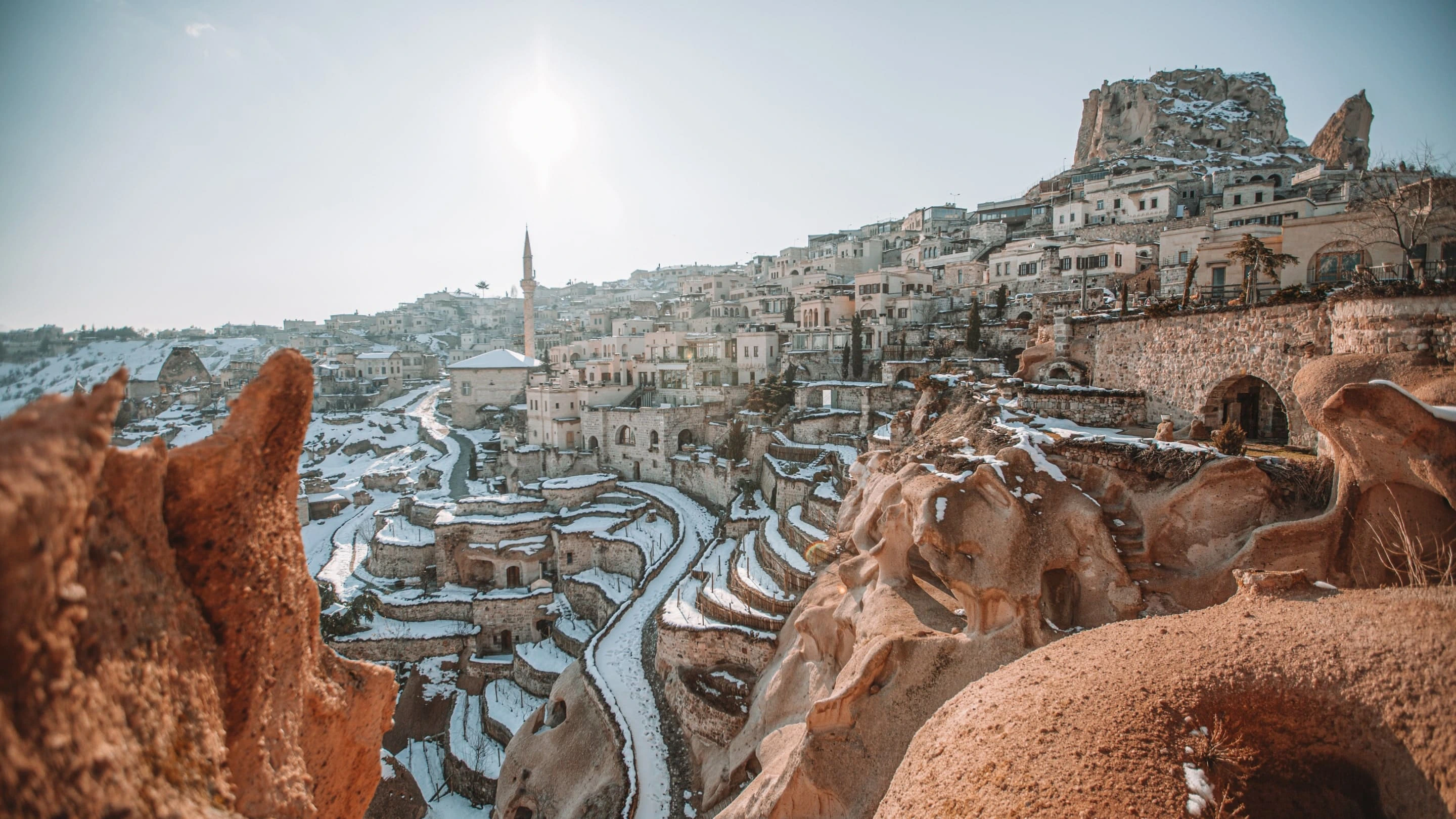 Stone terrace with Uçhisar view at Argos in Cappadocia
