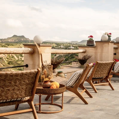 Valley-view stone terrace seating at Argos in Cappadocia