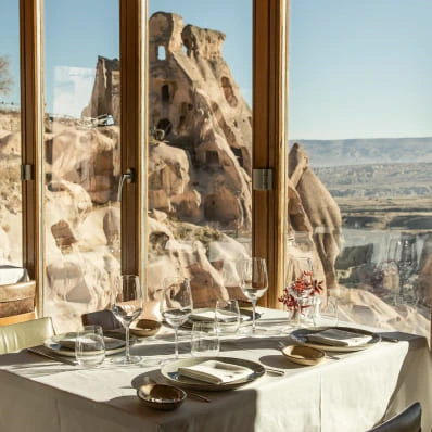 Valley-view terrace dining table at Argos in Cappadocia