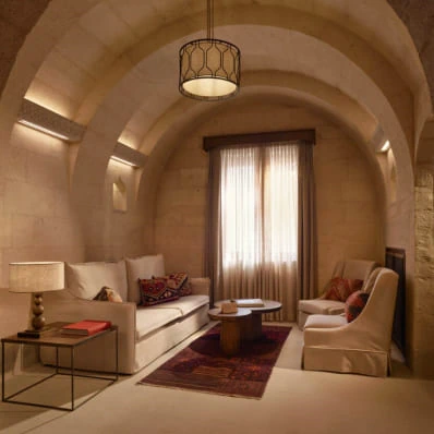 Cosy fireplace seating corner at Argos in Cappadocia