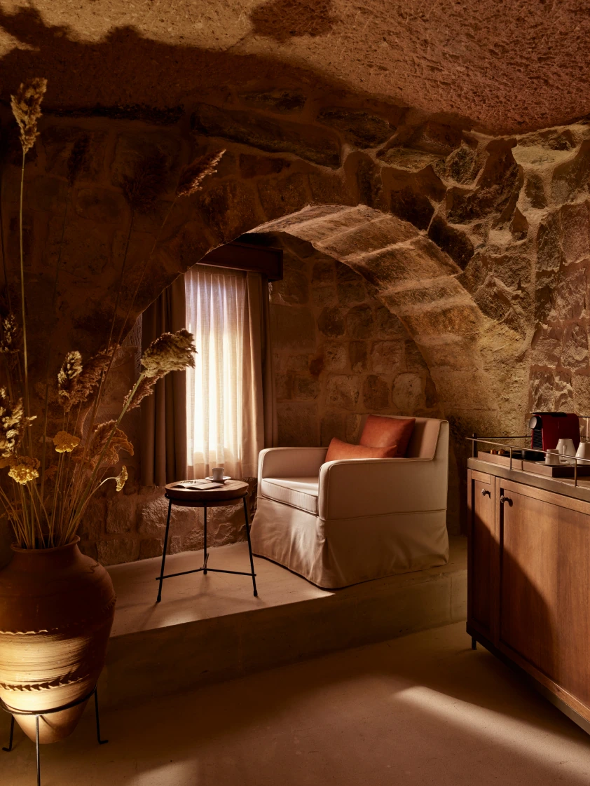 Argos in Cappadocia Suite arched stone living area