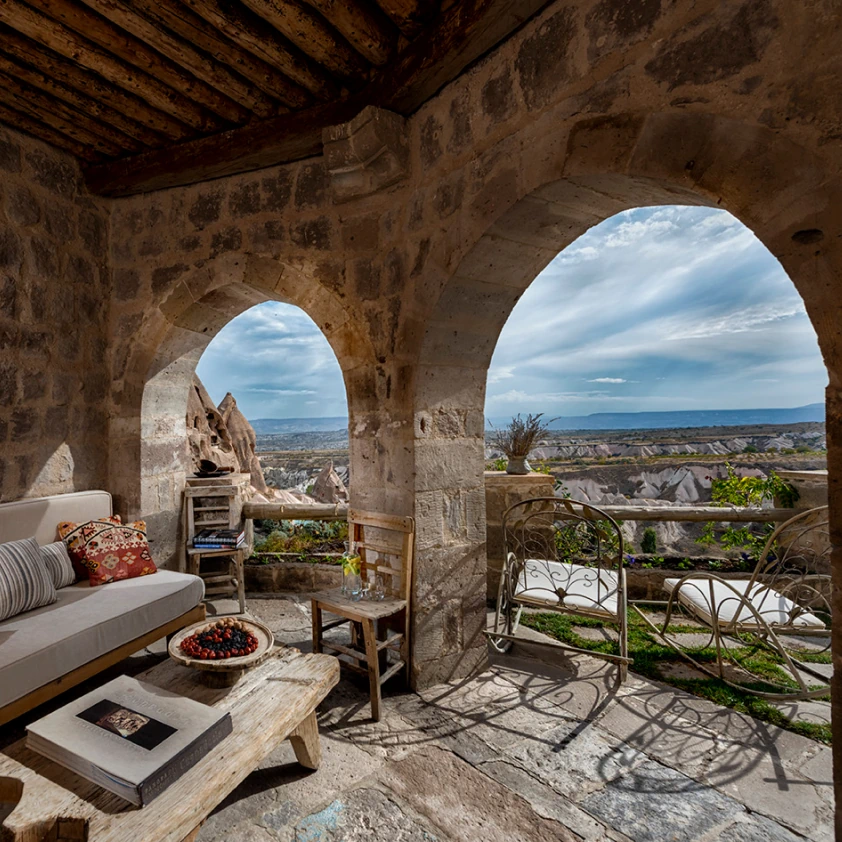 Splendid Suite stone-walled living area at Argos in Cappadocia